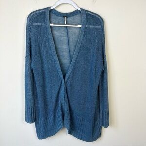 Free People Linen Knit Slouchy Oversized Cardigan Sweater Blue